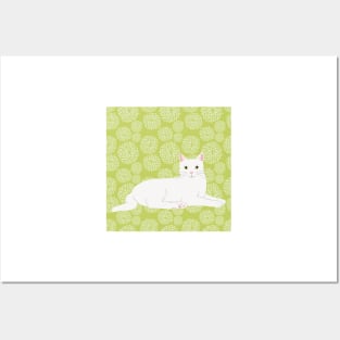 The cute and alert white cat is waiting and watching you in a fresh spring green meadow Posters and Art